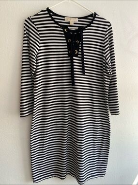 Michael Kors Black & White Striped Lace-Up 3/4 Sleeve Dress w/ Gold Accents